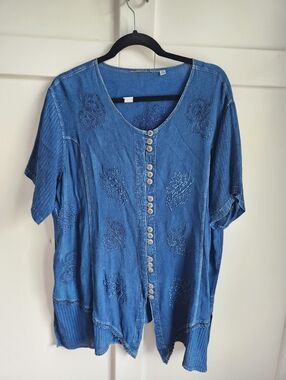 Soft Denim Embroidered Button Front Top | Lightweight Chambray Blouse